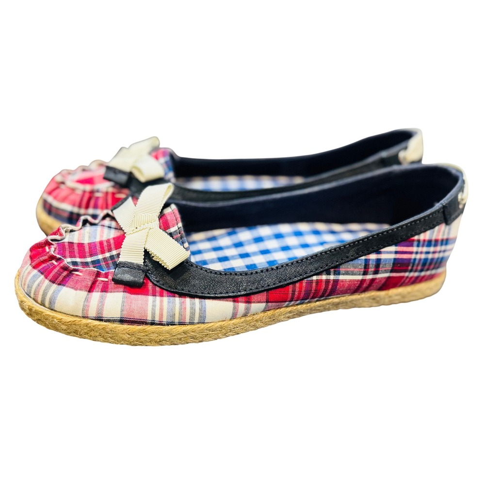 Sperry Women's Red Plaid Bow Espadrille Canvas Flat Shoes Size 7.5